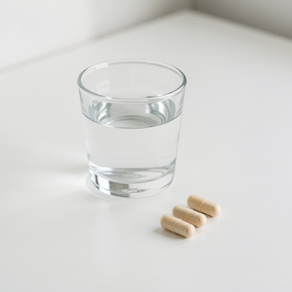 A small glass of water and two supplement daily supplements on a clean white surface, simple morning routine composition with soft natural light