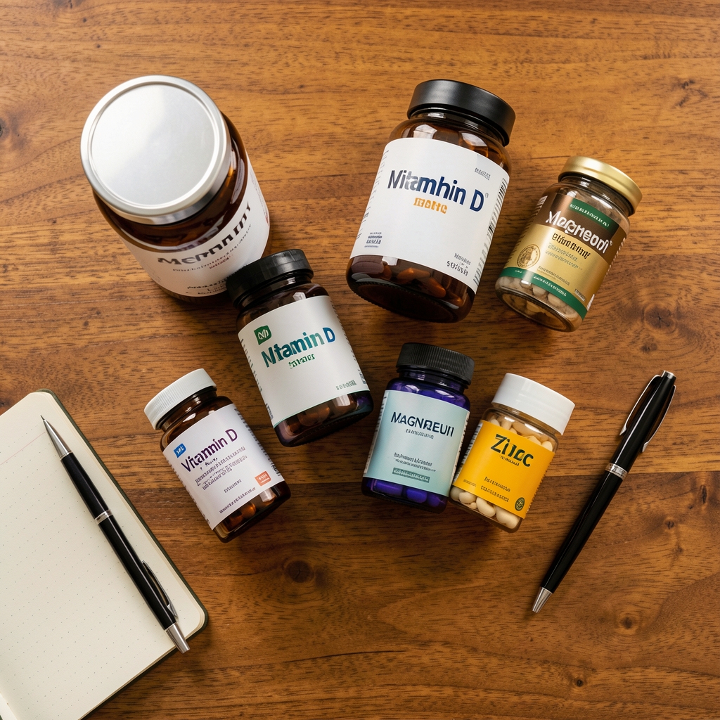 Assorted supplement containers — vitamin D, magnesium, zinc — arranged on a warm-toned wooden surface with a small notebook and pen, editorial overhead composition