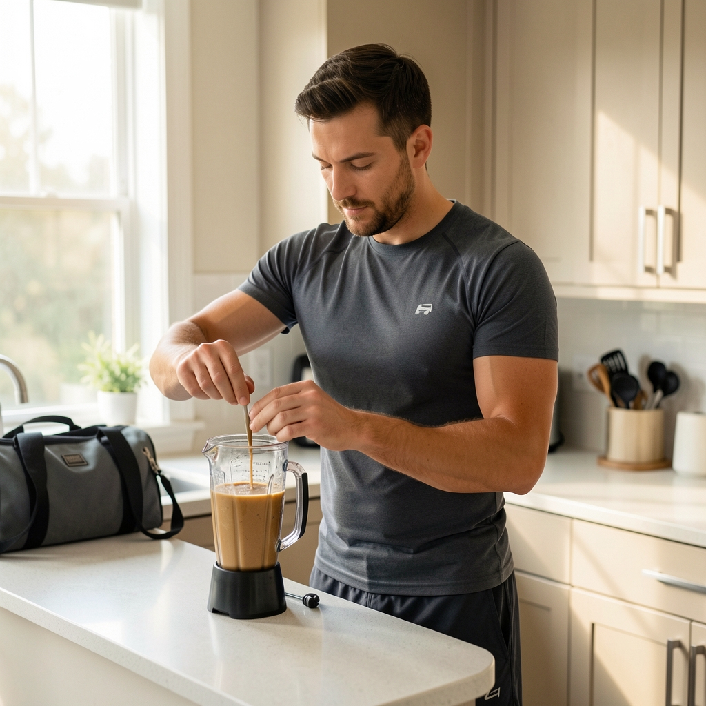 Man in athletic wear preparing a protein shake at a kitchen counter, gym bag visible in background, editorial morning light composition