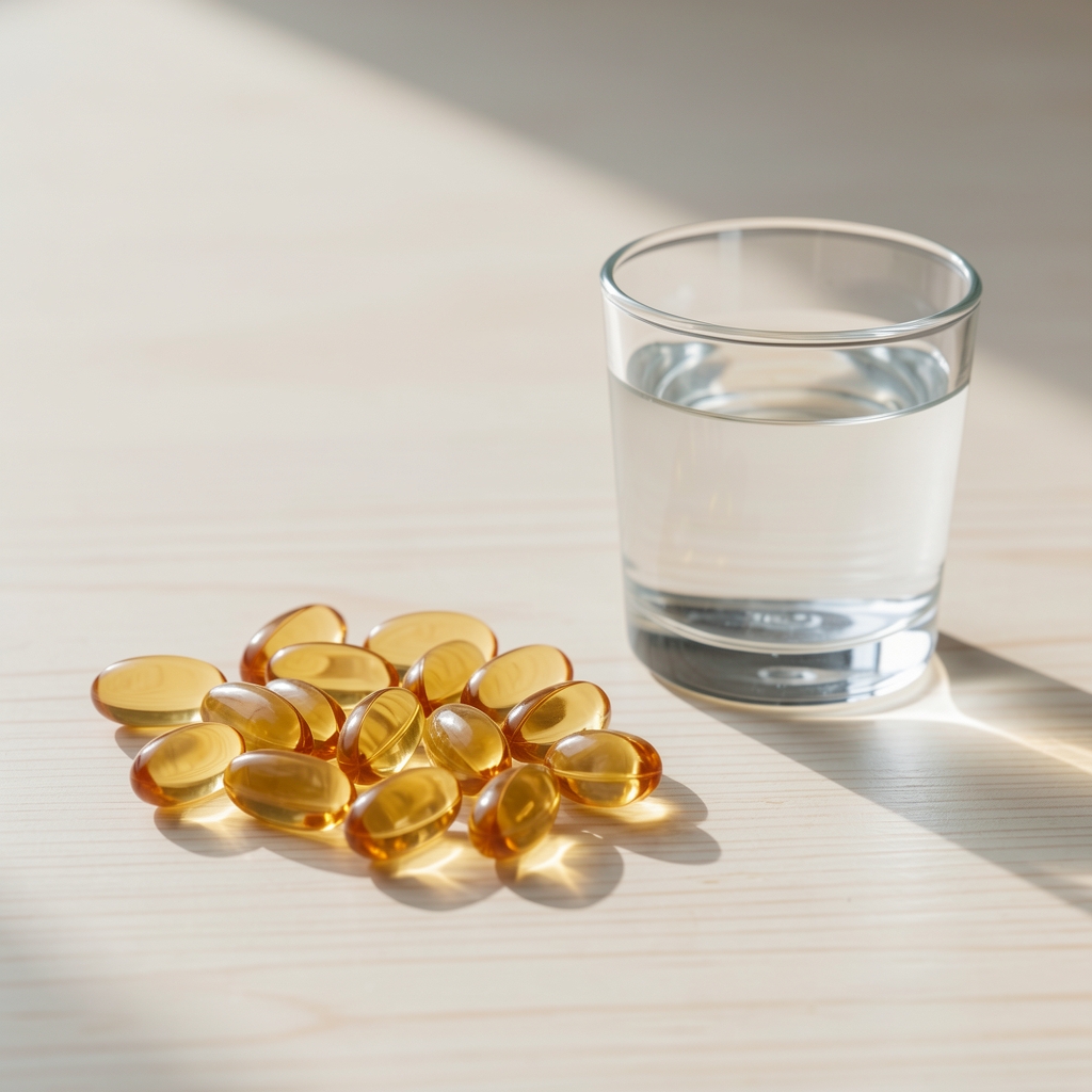 Close-up of fish oil supplement softgels scattered on a pale wooden surface beside a small glass of water, editorial still life in natural morning light