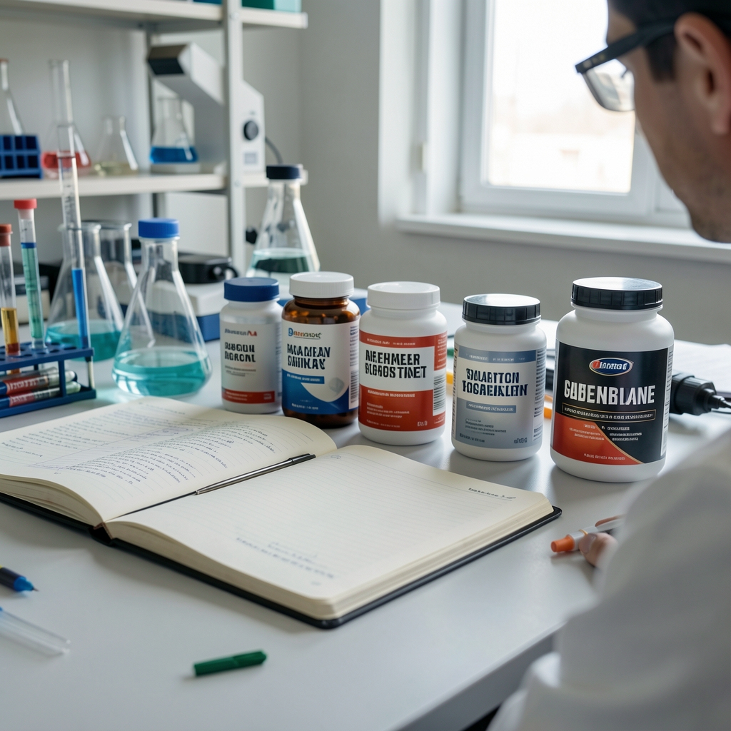 Open notebook and a row of supplement containers on a researcher's desk bathed in morning light, editorial workspace composition